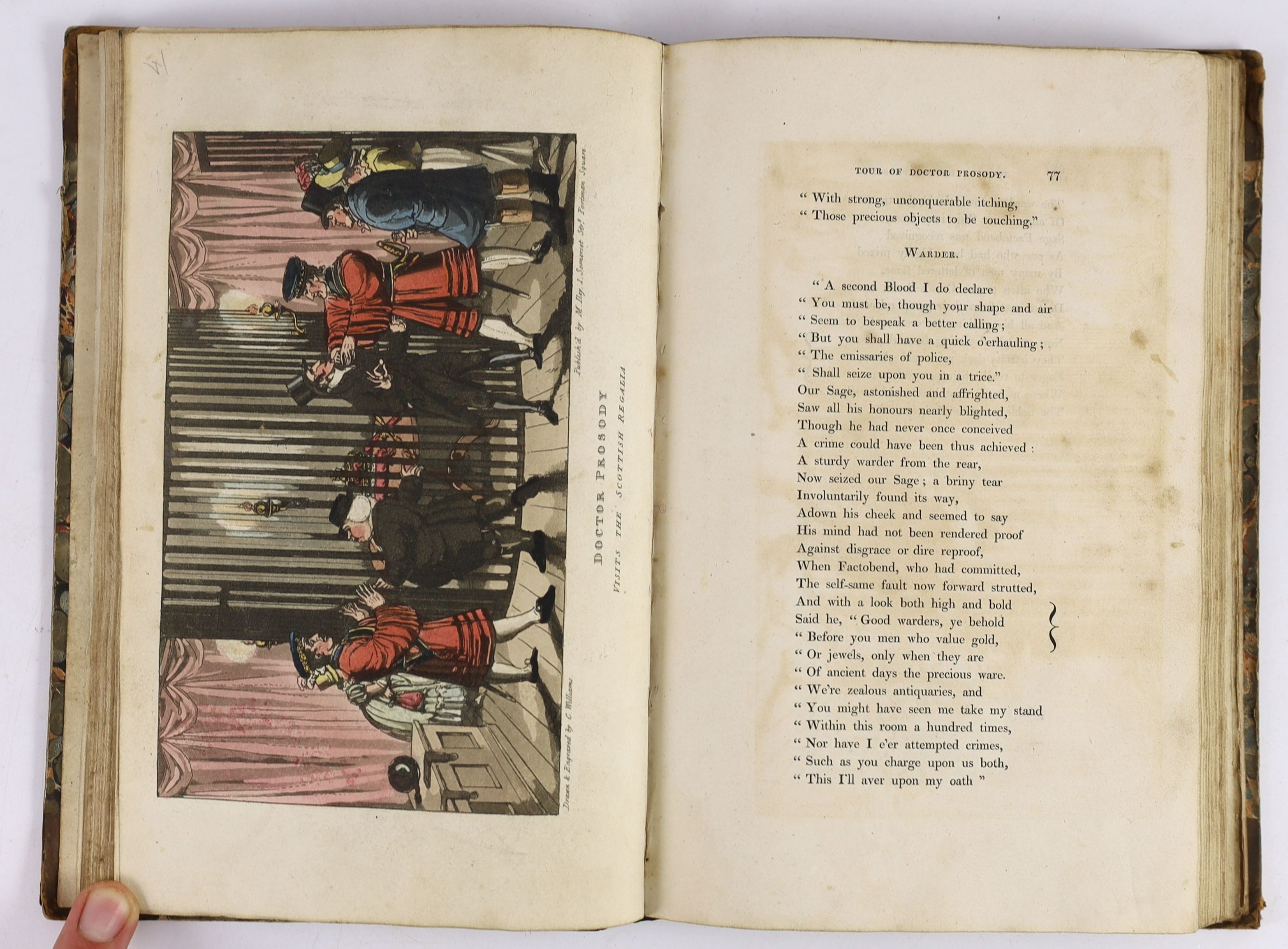 Ackermann Publications, Rudolph - Poetical Sketches of Scarborough, 2nd edition, with frontis and 21 hand-coloured plates by Thomas Rowlandson, 8vo, half green morocco, London, 1813 and Combe, William - Syntax Imitations